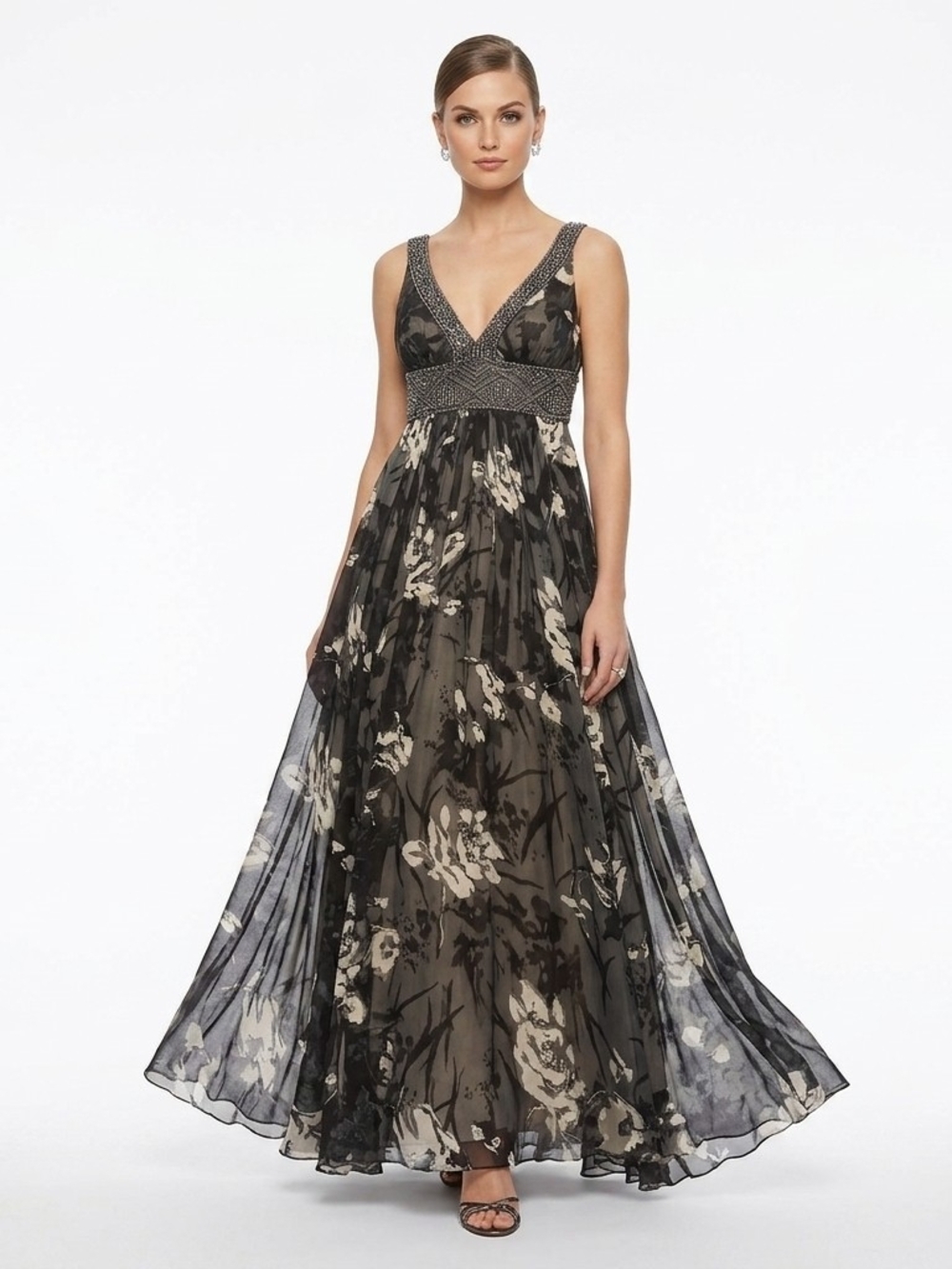 Janique Floral Beaded  Formal Gown Maxi Dress 100%Silk Black White Romantic Sz 8